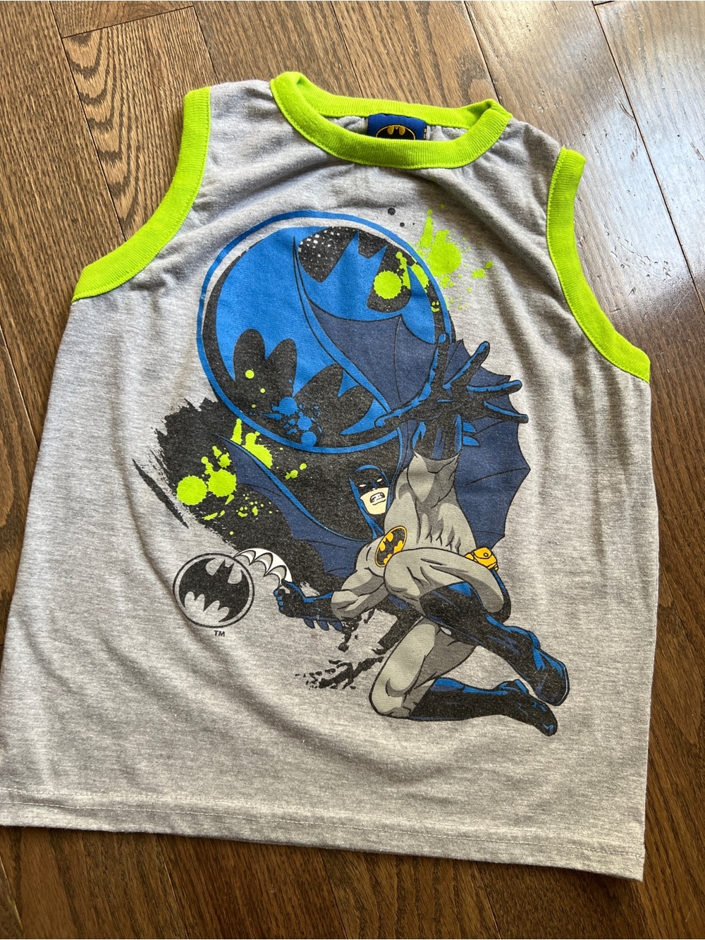 Batman Gray Tank Top with Neon Green Trim and Blue Graphic kids size 7